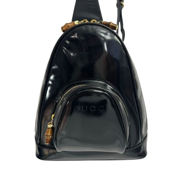 GUCCI Patent Leather Backpack Black Two Way w Strap Messenger Bag Bamboo Handle - Picture 1 of 12
